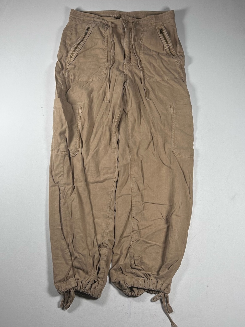 American Eagle 10 Tan Pants Linen Cotton Jogger Baggy Cargo Utility Streetwear